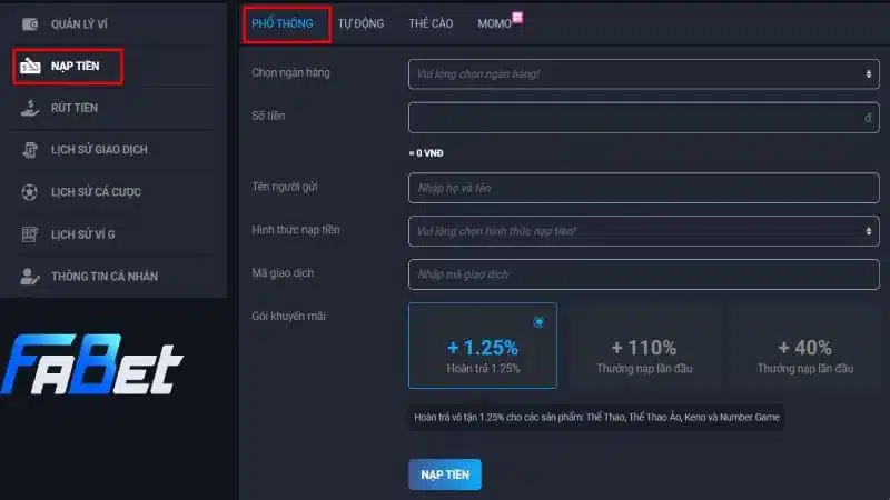 Các hình thức nạp tiền Fabet phổ biến